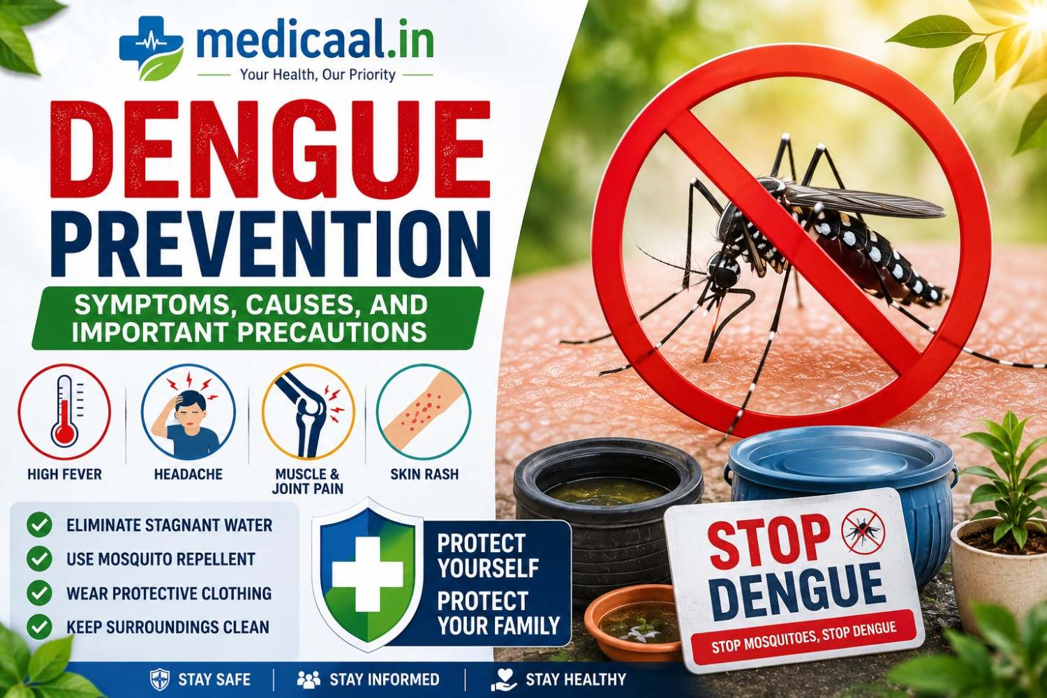 Mosquito and dengue prevention imagery illustrating the article on dengue symptoms, causes, and important precautions