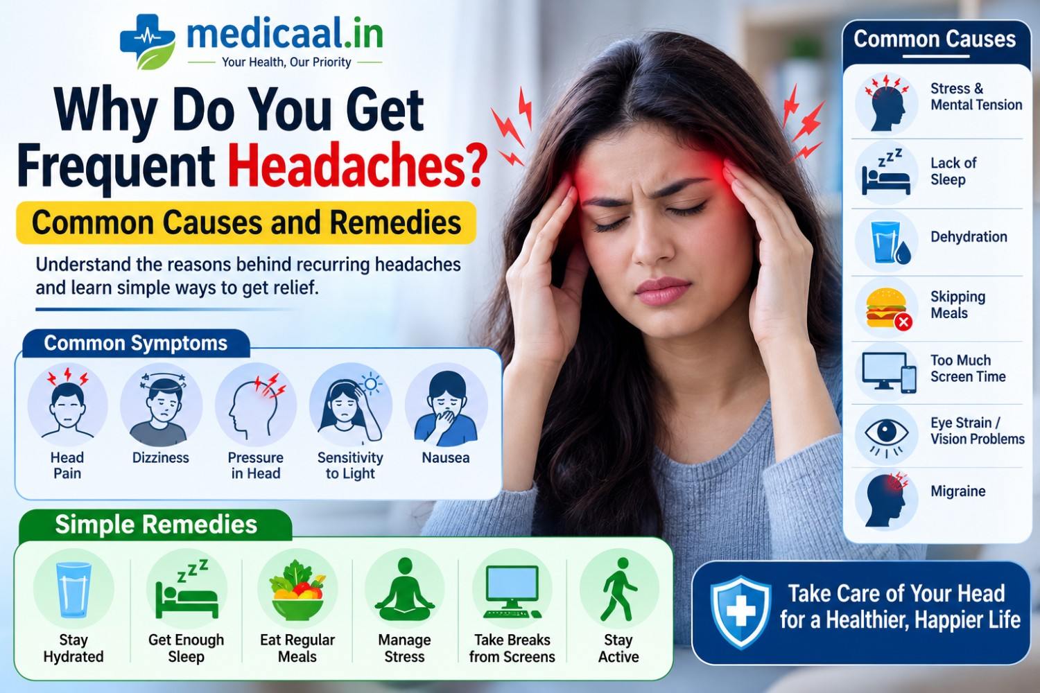 Woman holding her head in pain, illustrating the article on common causes of frequent headaches and remedies
