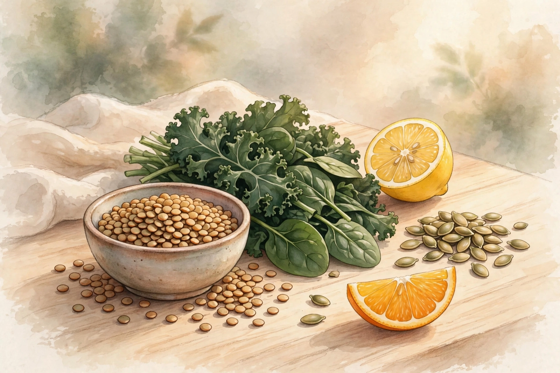 Iron-rich foods still life illustration