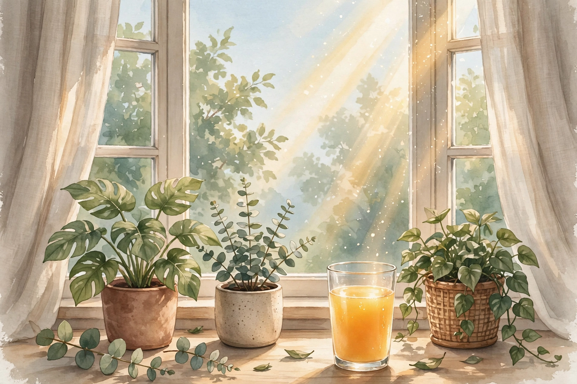 Illustration of warm morning sunlight streaming through a window beside vitamin D-rich foods, representing safe sun exposure and dietary sources of vitamin D
