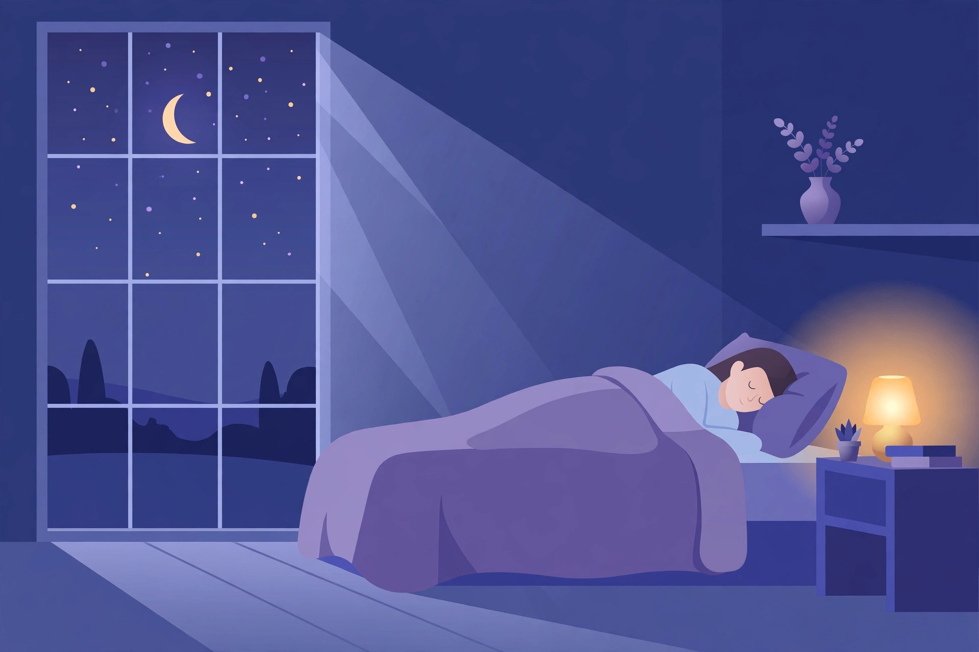 Person sleeping peacefully in a dark quiet bedroom, illustrating tips for better sleep quality