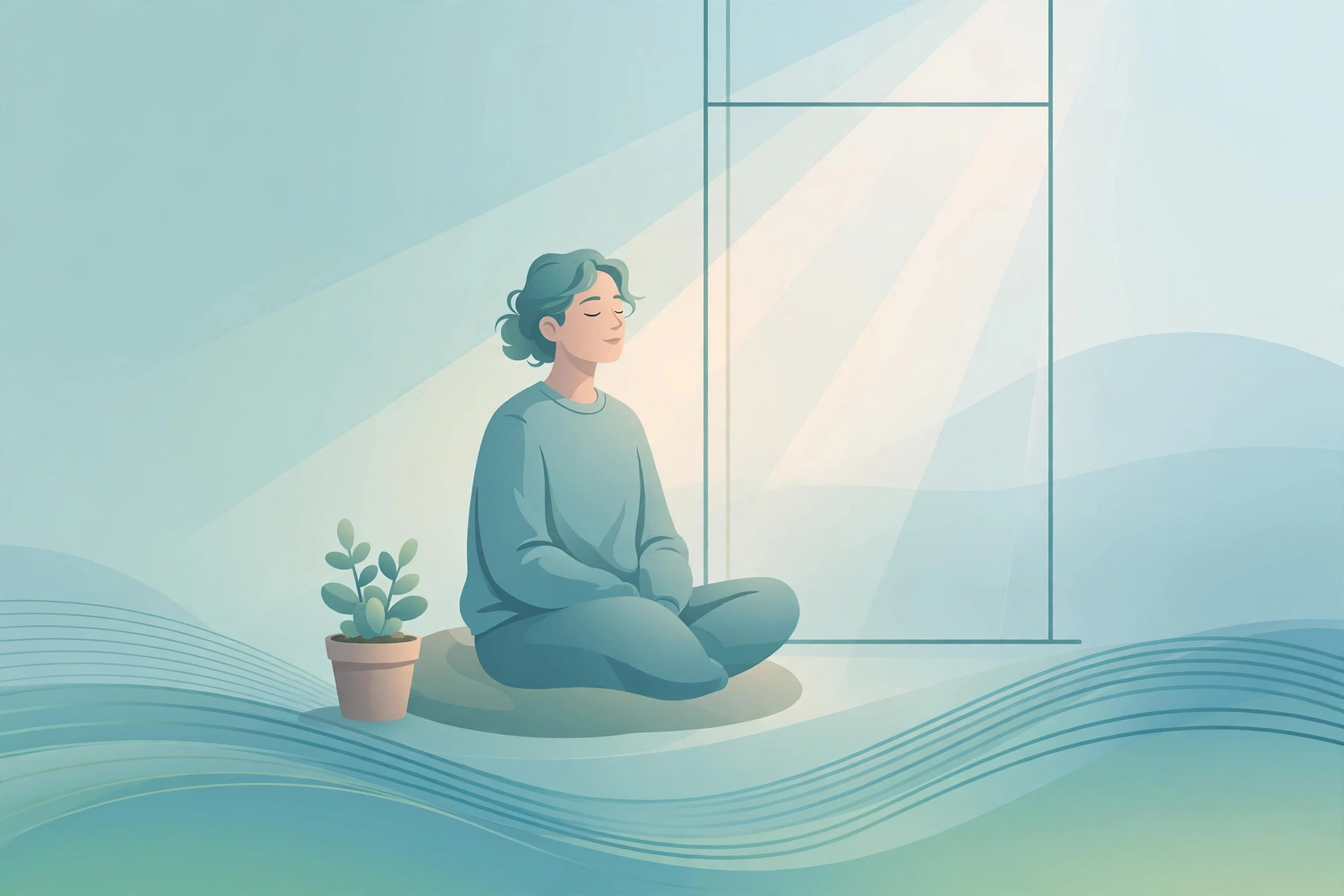 Calm woman sitting by a bright window in a relaxed pose, illustrating everyday stress management techniques