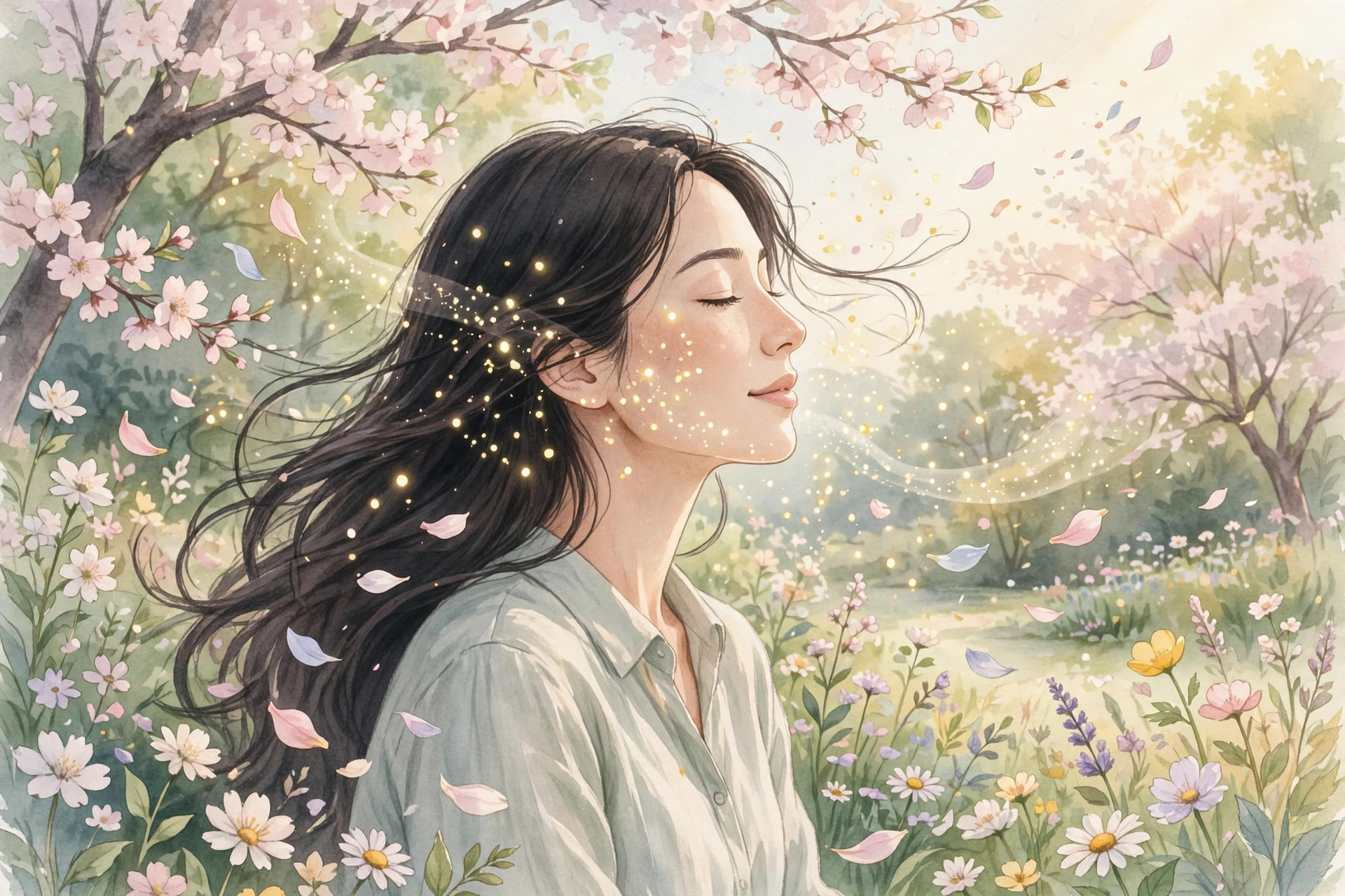 Calm illustration of a woman in a flowering garden with pollen in the air