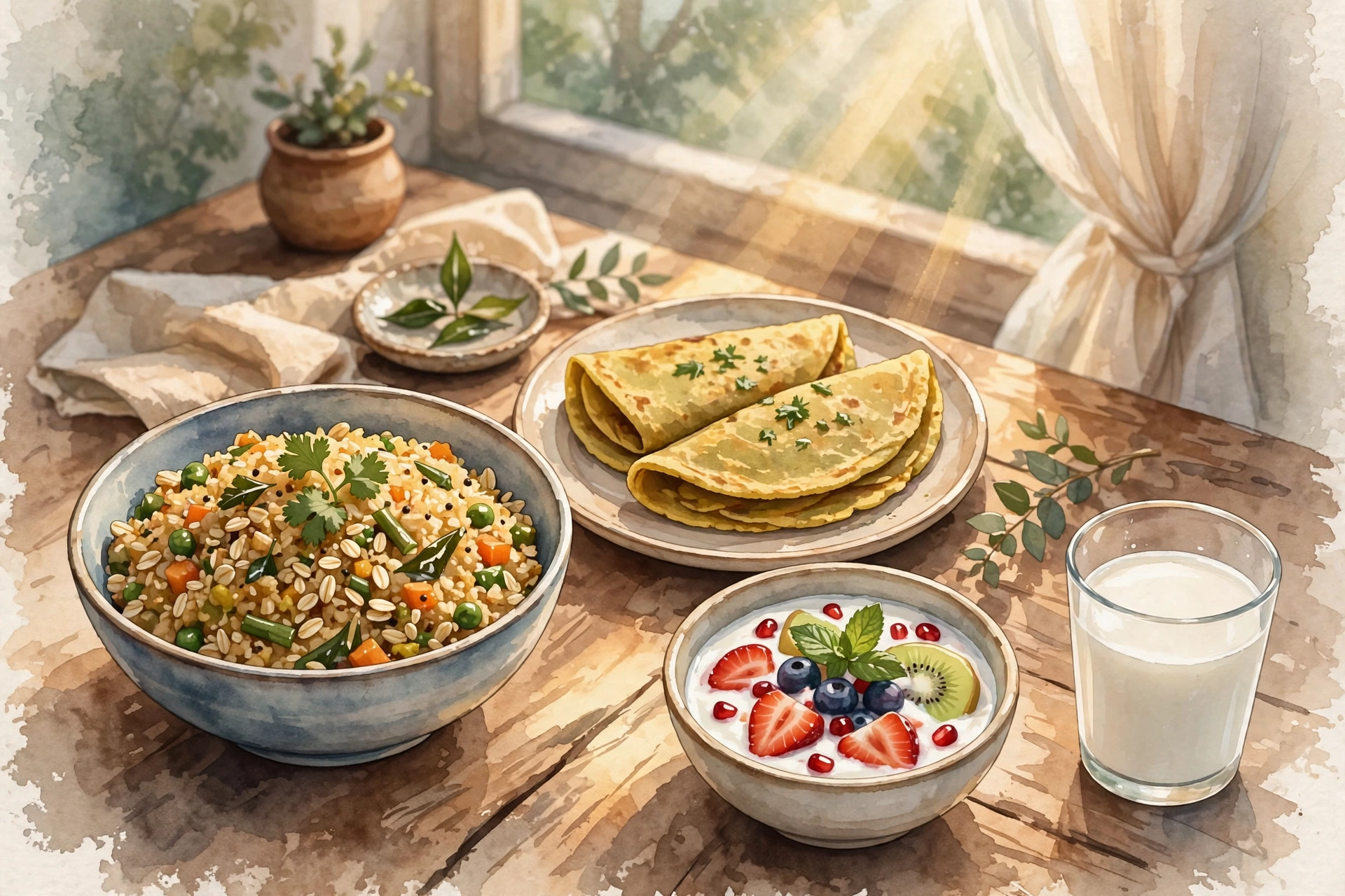 Healthy breakfast foods including oats, fruits, eggs and yogurt that keep you full