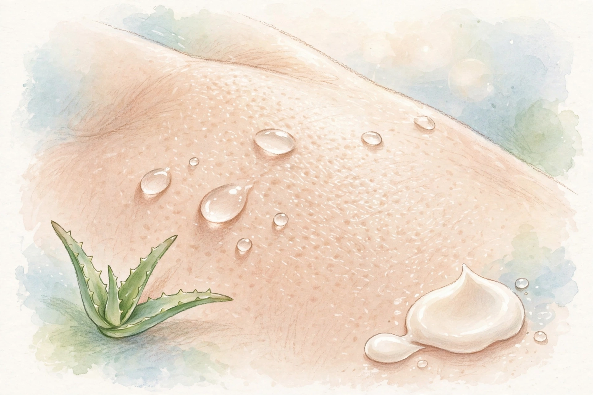 Watercolor illustration of healthy skin with water droplets, aloe and moisturizer