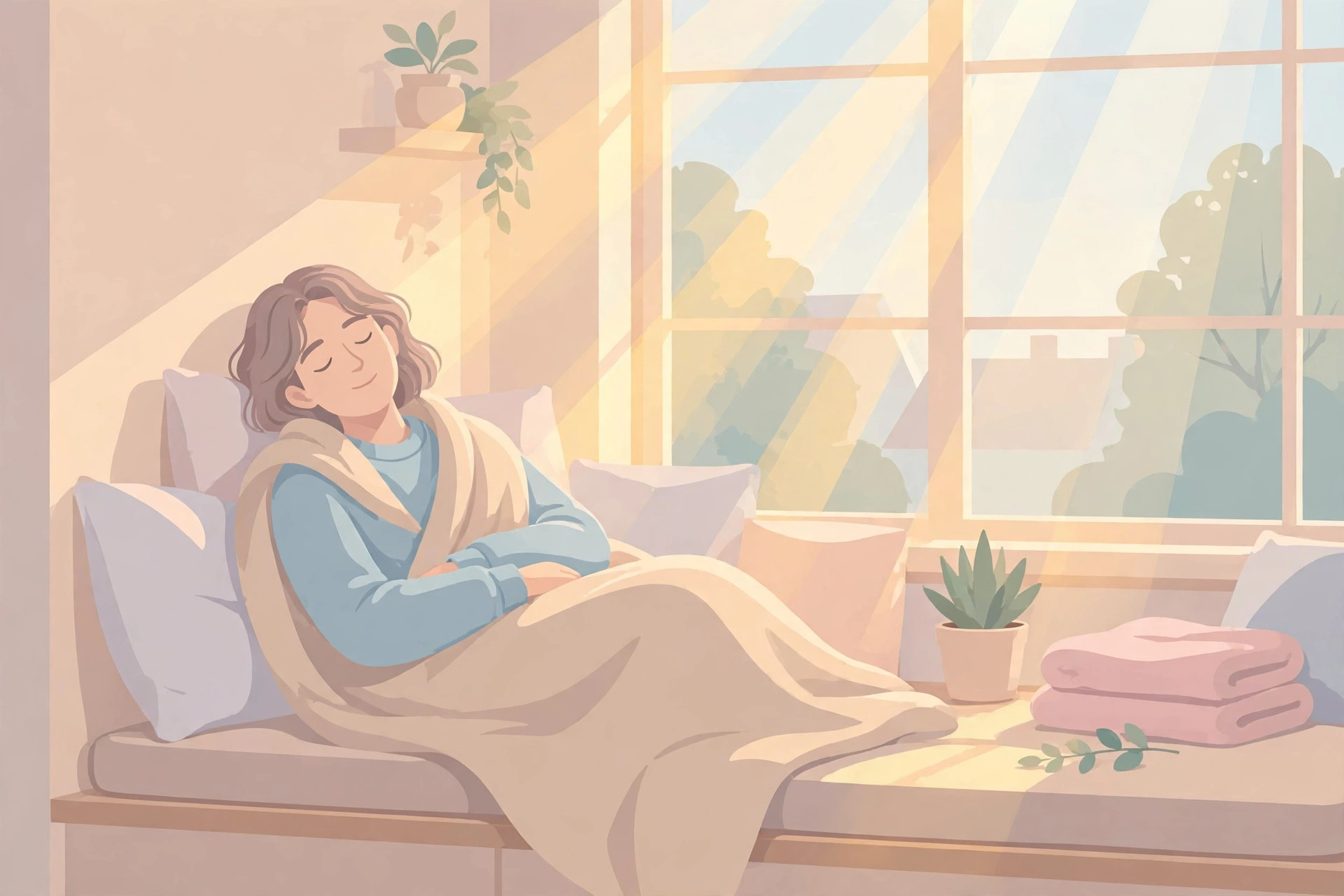 Illustration of a person resting by a sunny window, feeling refreshed
